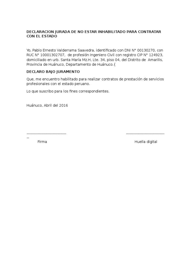 Declaracion Jurada de No Estar Inhabilitado para Contratar Con El ...