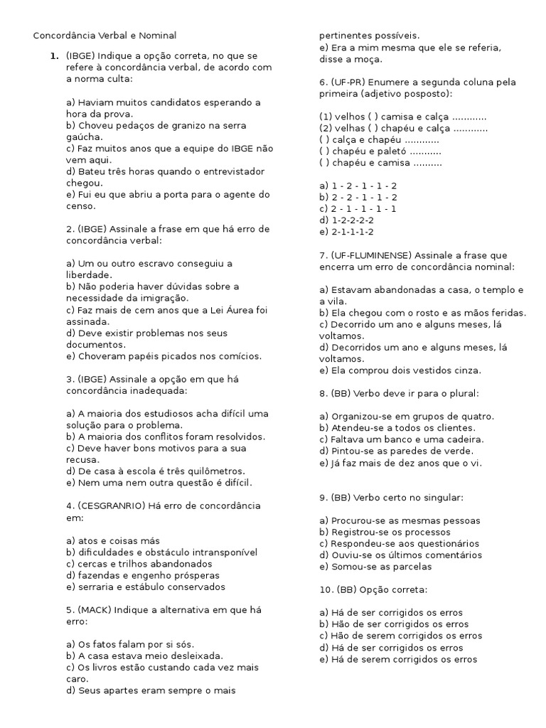Exercícios de Concordância Verbal e Nominal | PDF
