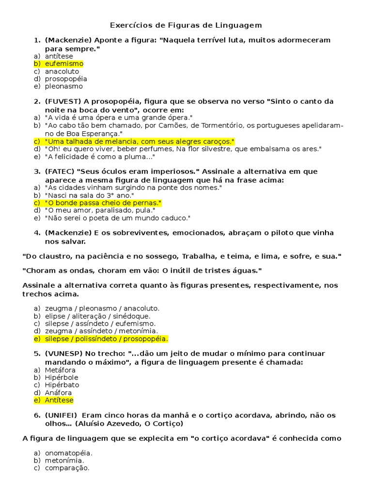 Exercícios de Figuras de Linguagem | PDF | Metáfora | Técnicas de retórica