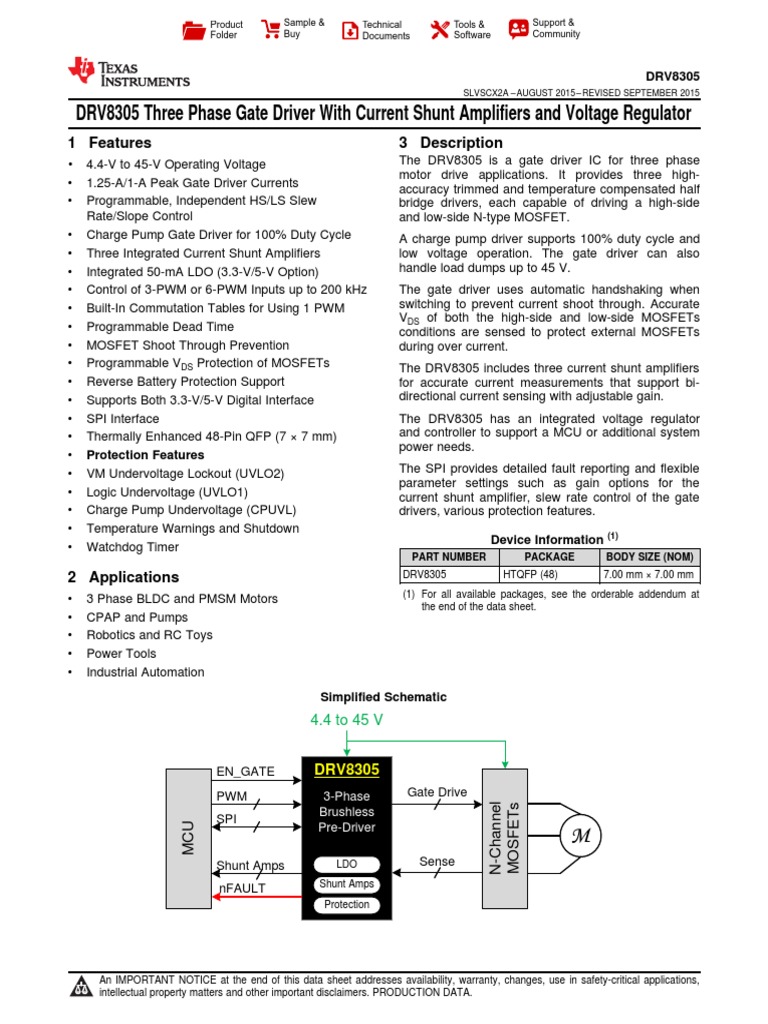 DRV8305 - 3F Gate DR W-Current SH Amp & VDR | PDF | Amplifier | Field ...