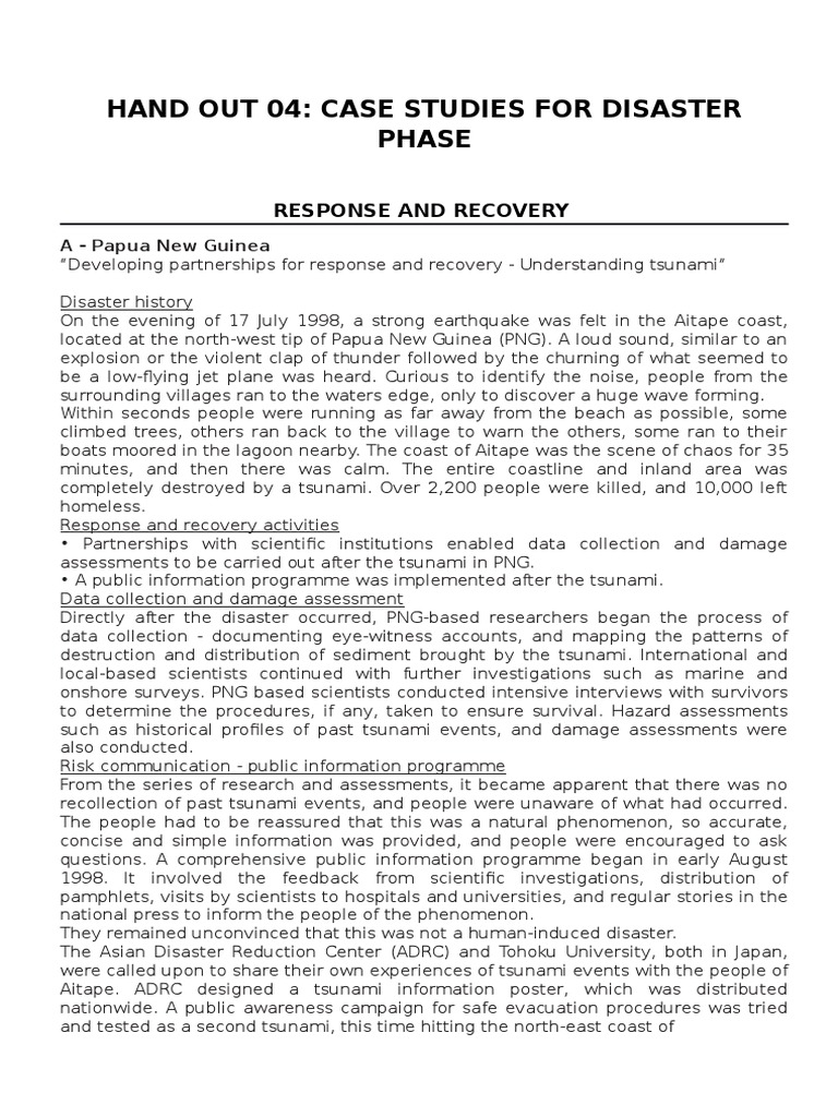 HandOut - 4 - Case Studies For Disaster Phase | PDF | Tsunami ...