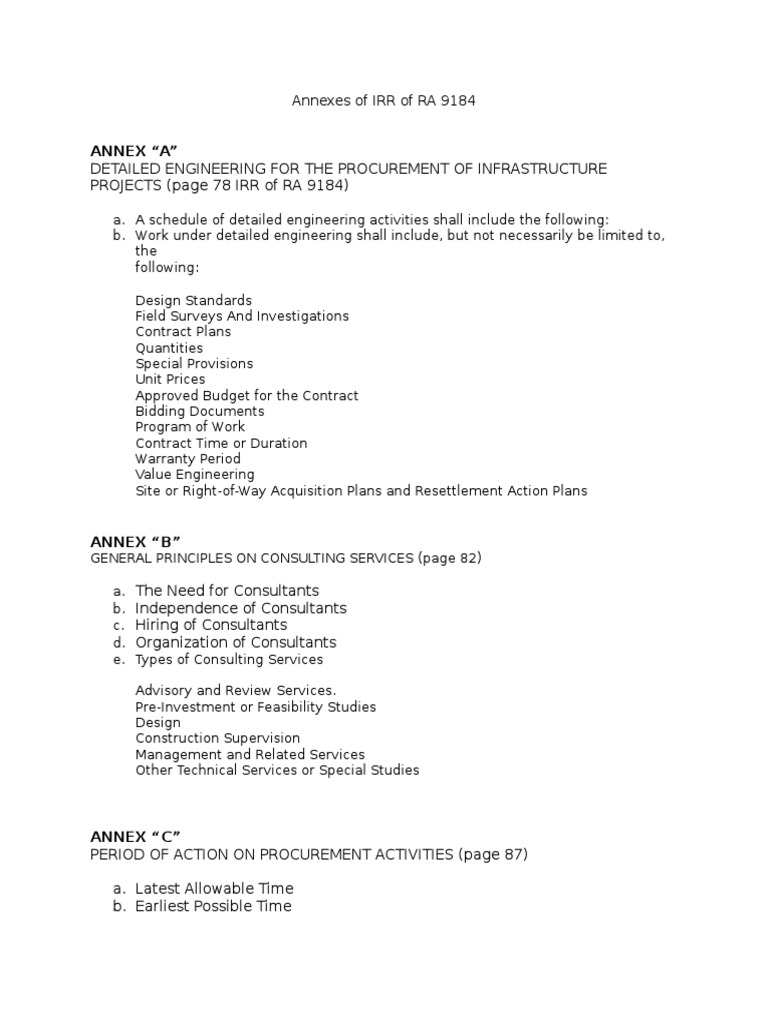 Annexes of IRR of RA 9184 Procurement Construction Bidding