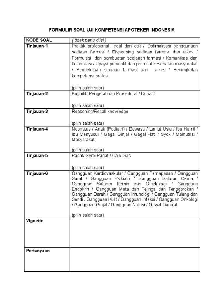 Format Soal Uji Kompetensi Apoteker Indonesia