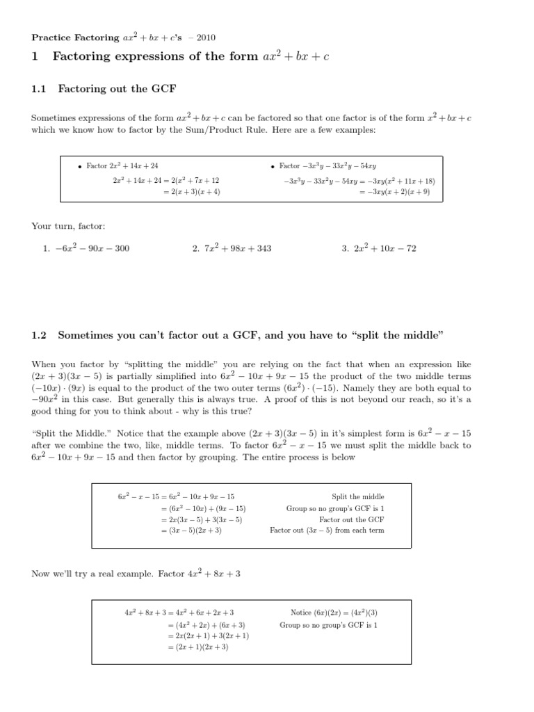 Ws-Ax20 BX C-Practice  PDF  Algorithms  Applied Mathematics Throughout Factoring X2 Bx C Worksheet