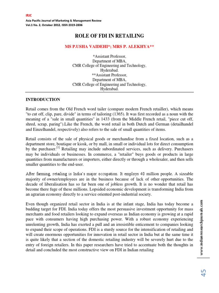 Impact of FDI on Indian Retail Sector | PDF | Foreign Direct Investment ...
