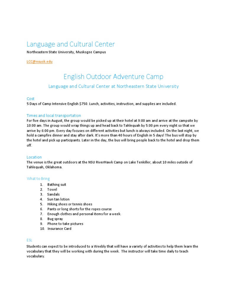 Camp Details | PDF | Language Arts & Discipline | Wellness