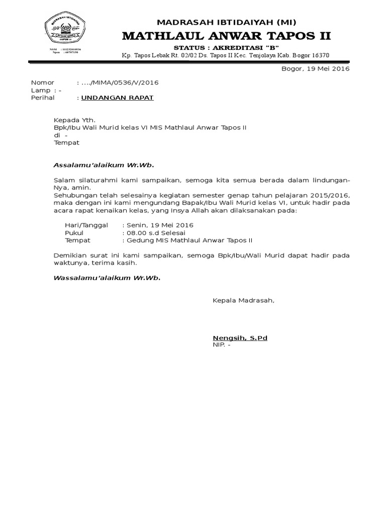 Contoh Surat Undangan Wali Murid Baru Pdf