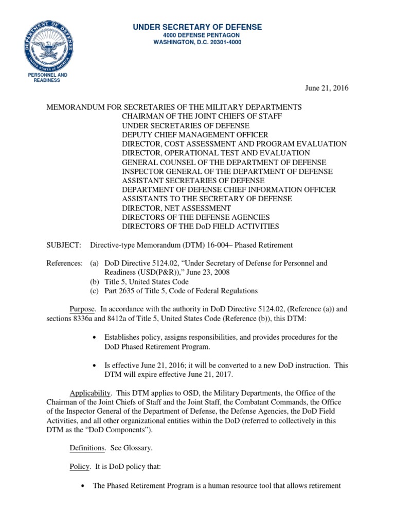 DoD Directive on Phased Retirement United States Secretary Of Defense