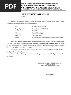 Surat Rekomendasi Guru Ngaji Desa Simpang Sender Selatan
