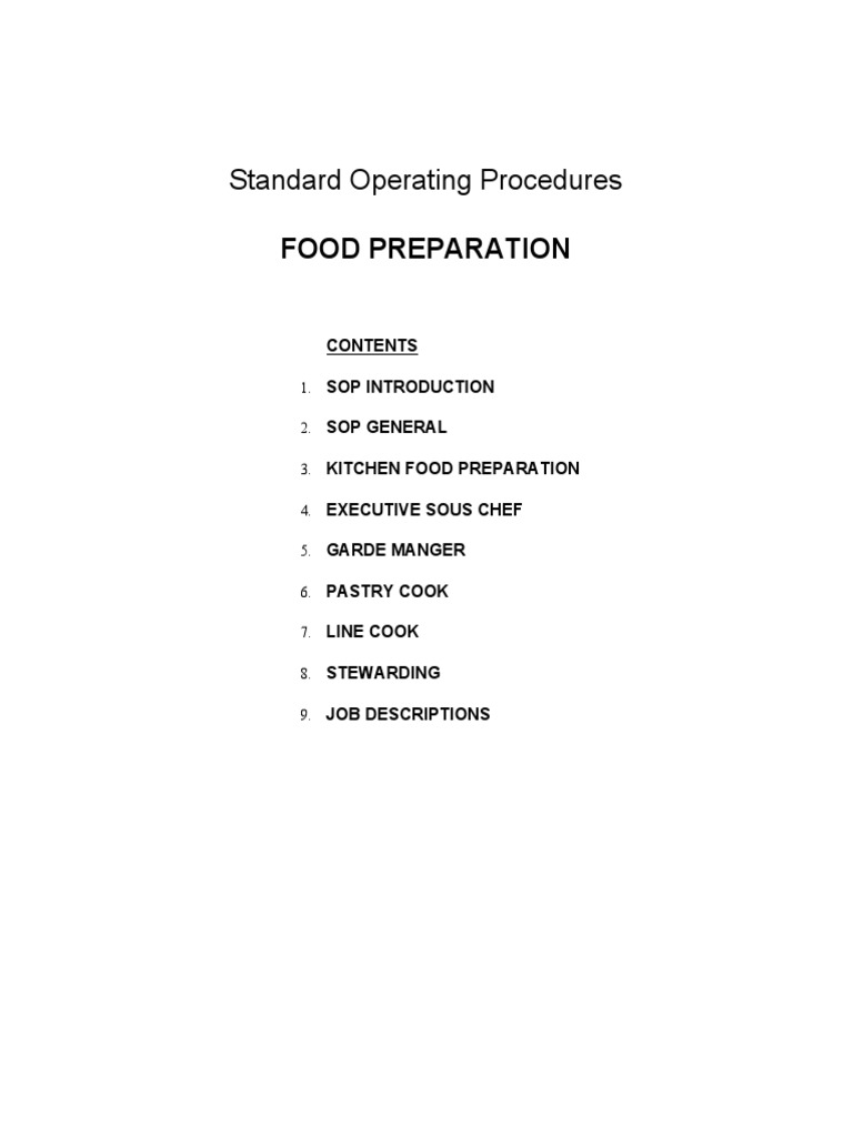 Standard Operating Procedures Food Preparation PDF Human Resources