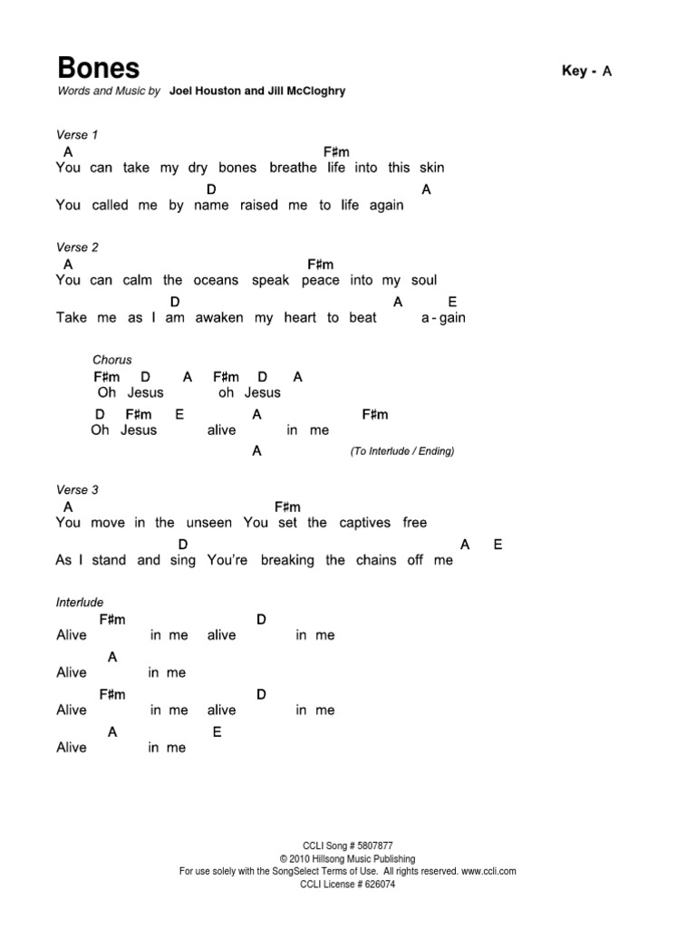 Bones SongSelect Chord Chart in A2 PDF