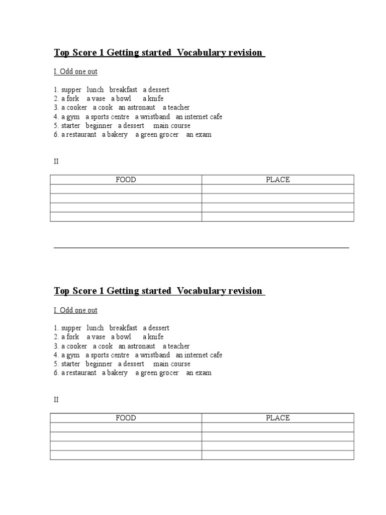 Top Score 1 Getting Started Vocabulary Revision | PDF | Cooking, Food ...