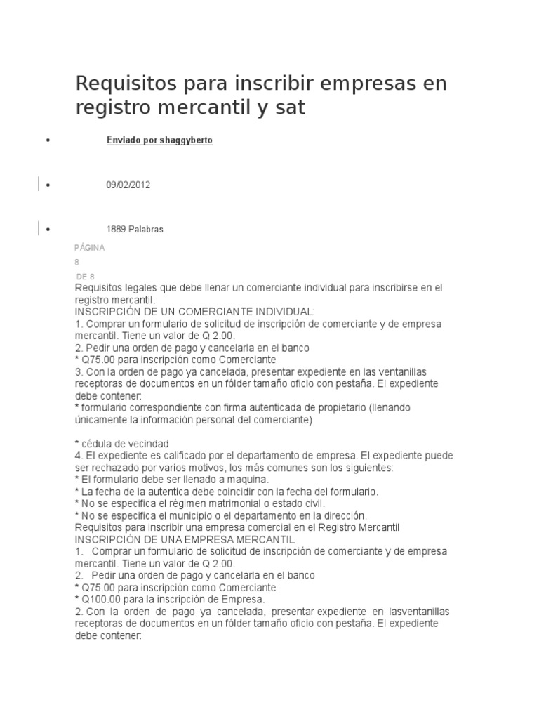 Requisitos Para Inscribir Empresas en Registro Mercantil y Sat Contribuyente Contabilidad