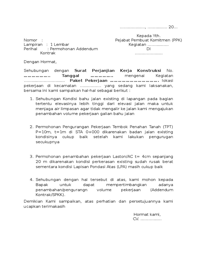 Surat Contoh Permohonan Perubahan Harga Kontrak