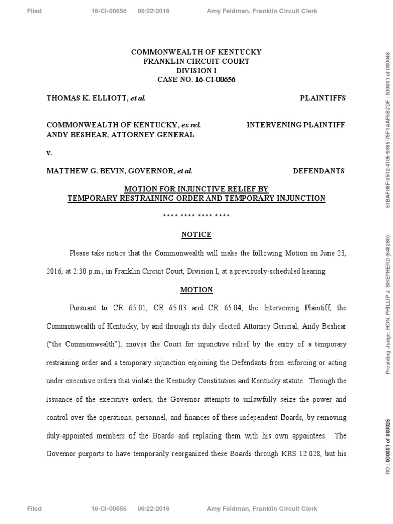 Motion For Injunction | PDF | Injunction | Kentucky