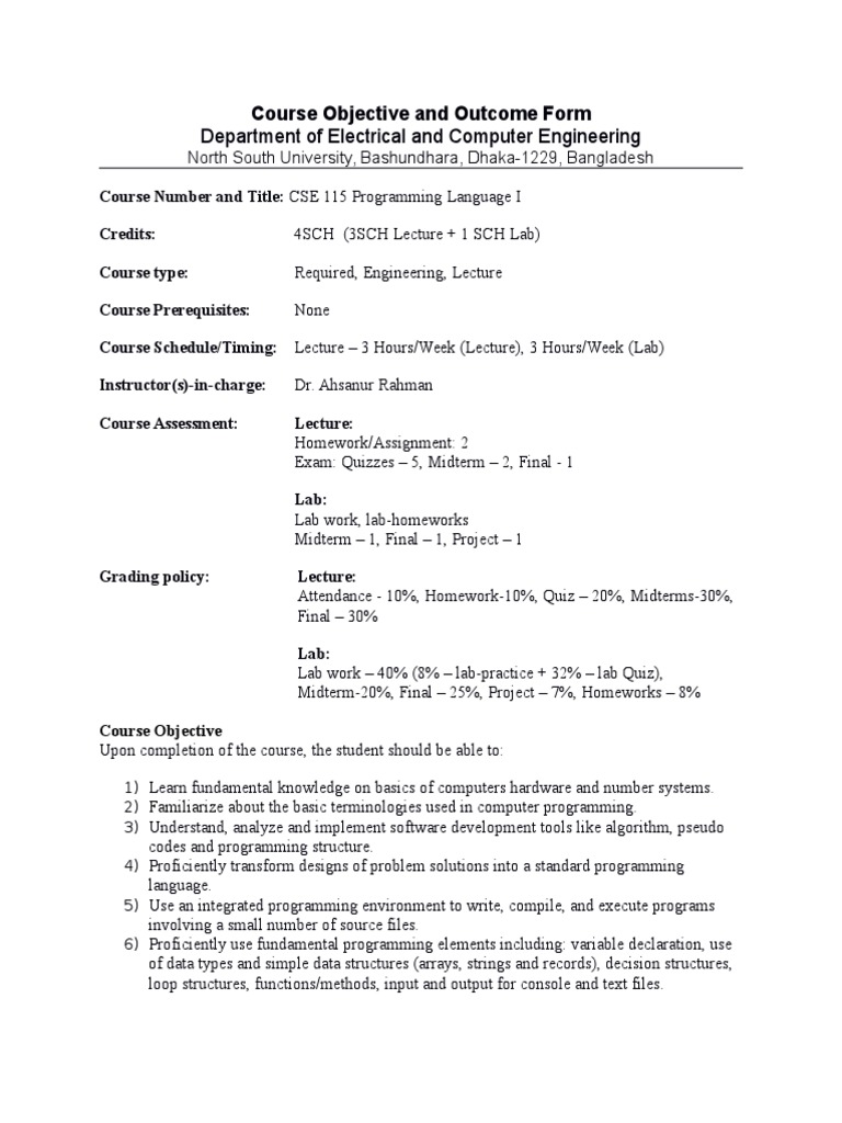 CSE 115 - 115L Course Objective and Outcome | PDF | Programming ...