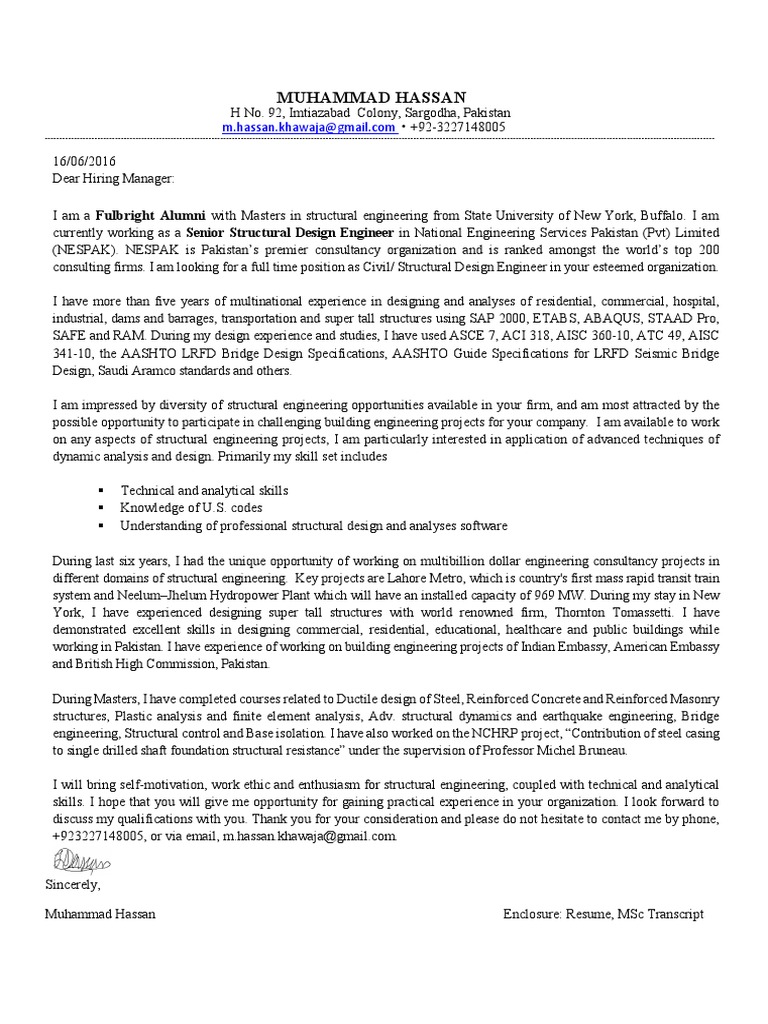 Cover Letter Engineer Structural Engineering