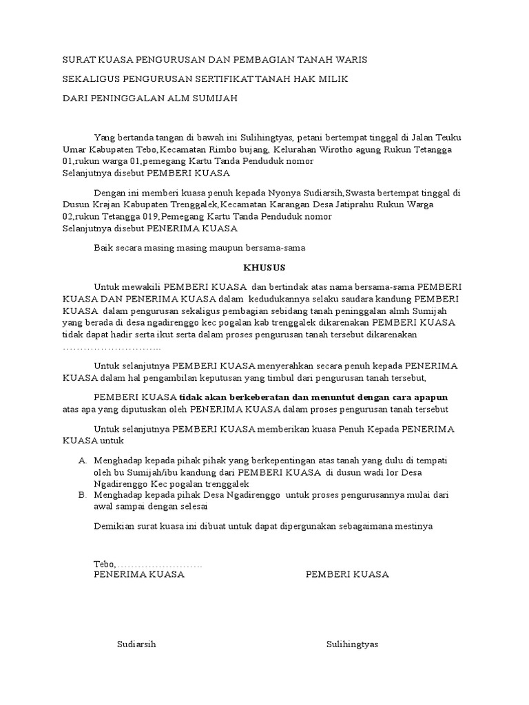 Surat Kuasa Pengurusan Dan Pembagian Tanah Waris