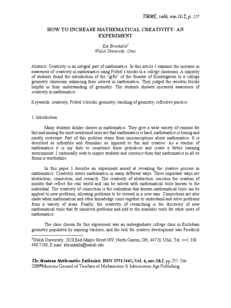 How To Increase Mathematical Creativity-An Experiment: TMME, Vol6, Nos ...