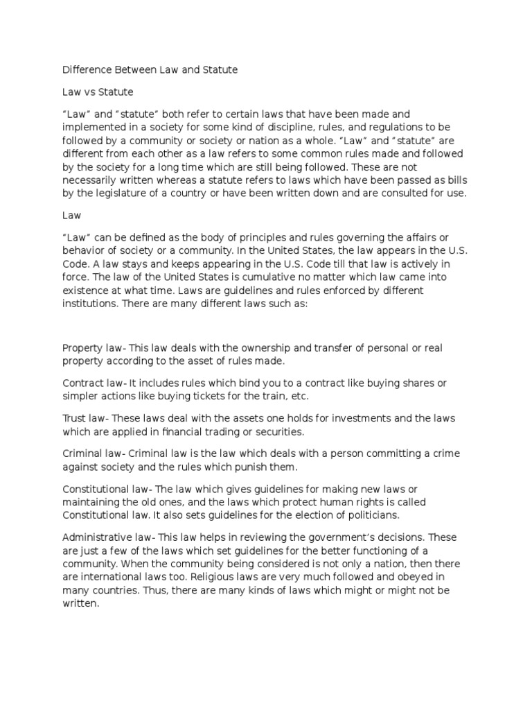 Difference Between Law and Statute Law Of The United States Statute