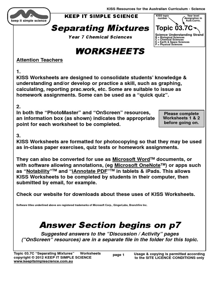 worksheet Separating Mixtures Worksheet worksheets 03 7c mixtures solution filtration