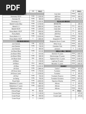 Pricelist Of Wines And Spirits Distilled Drinks Grape