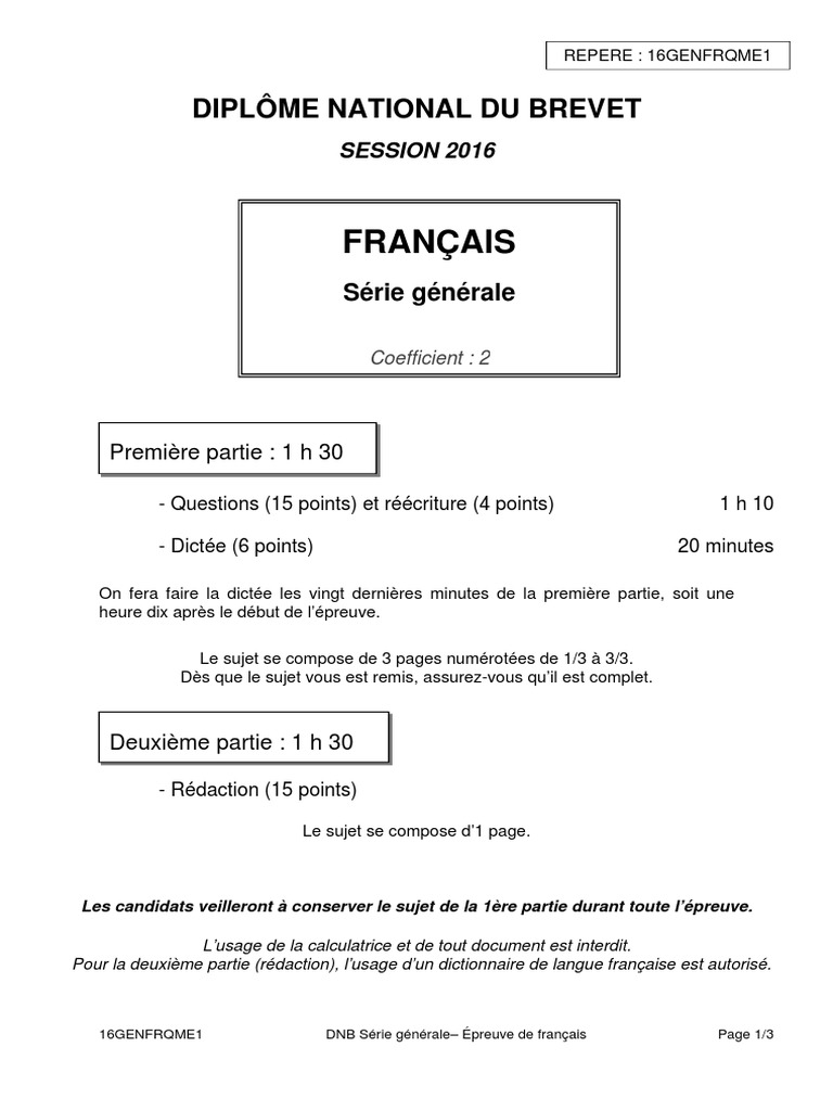 Sujet Brevet Français 2016 Pdf Corrigé DNB 2016 - Français - Questions - Réécriture - Série Générale | PDF