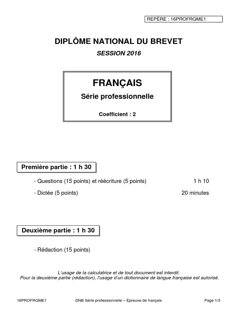 Sujet Brevet Français 2016 Pdf Corrigé DNB 2016 - Français - Questions - Réécriture - Série Professionnelle | PDF  | Miel | Apiculture