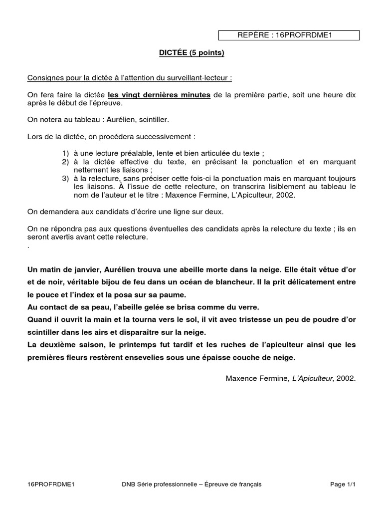 Dictées Brevet Des Collèges à Imprimer DNB 2016 - Français - DICTEE - Série Professionnelle | PDF