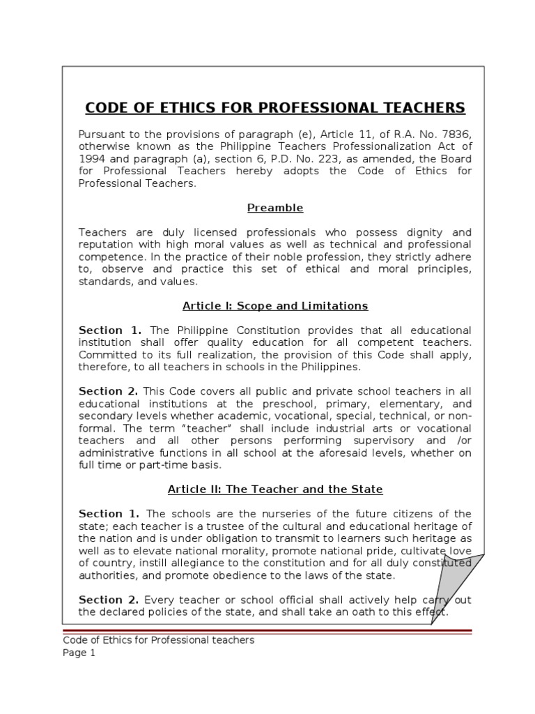 Code Of Ethics For Professional Teachers alog Version Pdf
