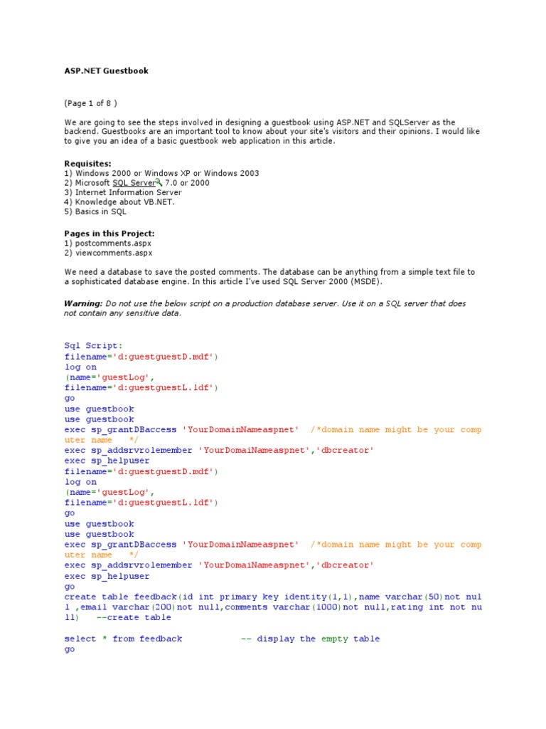 ASP.NET Guestbook Setup Guide | PDF | Html Element | Active Server Pages