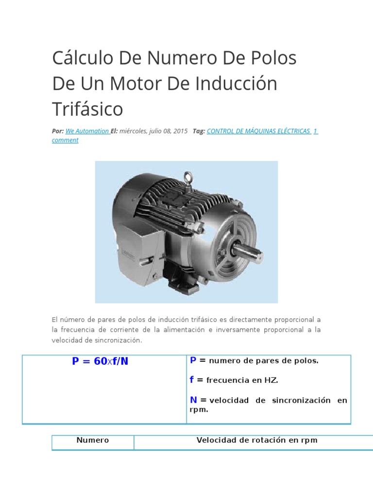 Cálculo Numero de Polos Un Motor Inducción Trifásico | PDF Motor eléctrico | Cantidades fisicas