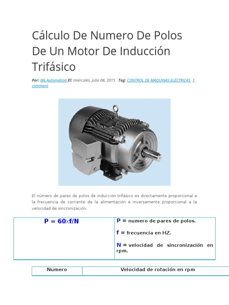 Cálculo de Numero de Polos de Un Motor Trifásico | PDF | Motor eléctrico | Cantidades fisicas