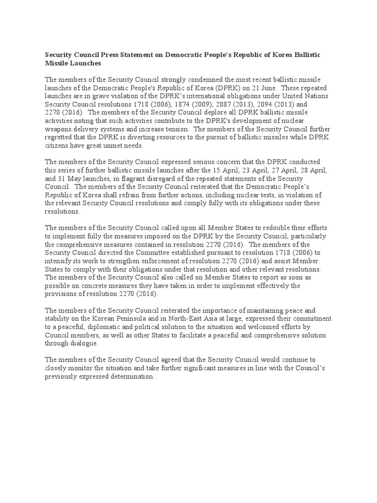 Security Council Press Statement On DPRK | PDF | Law | Technology ...