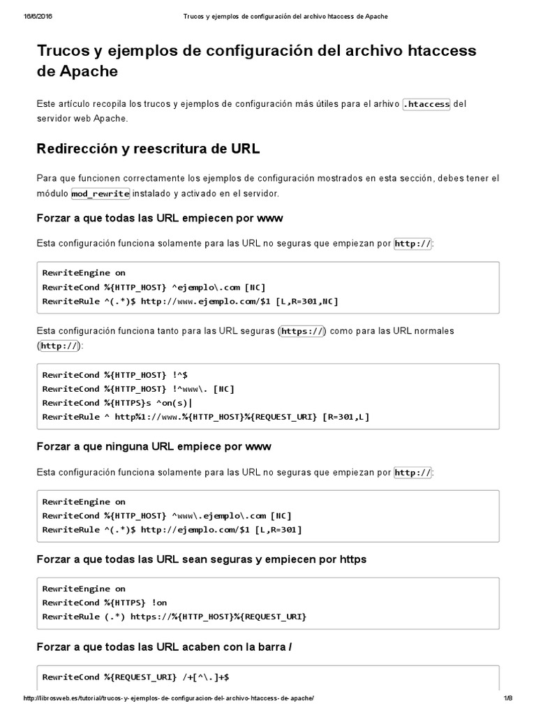 Ejemplos de configuración .htaccess | PDF | Localizador Uniforme de ...