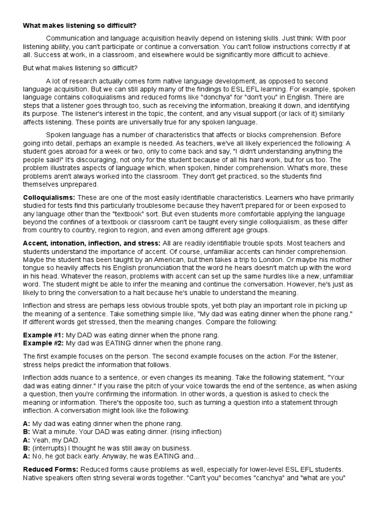 Overcoming Listening Challenges in ESL | PDF | English As A Second Or ...
