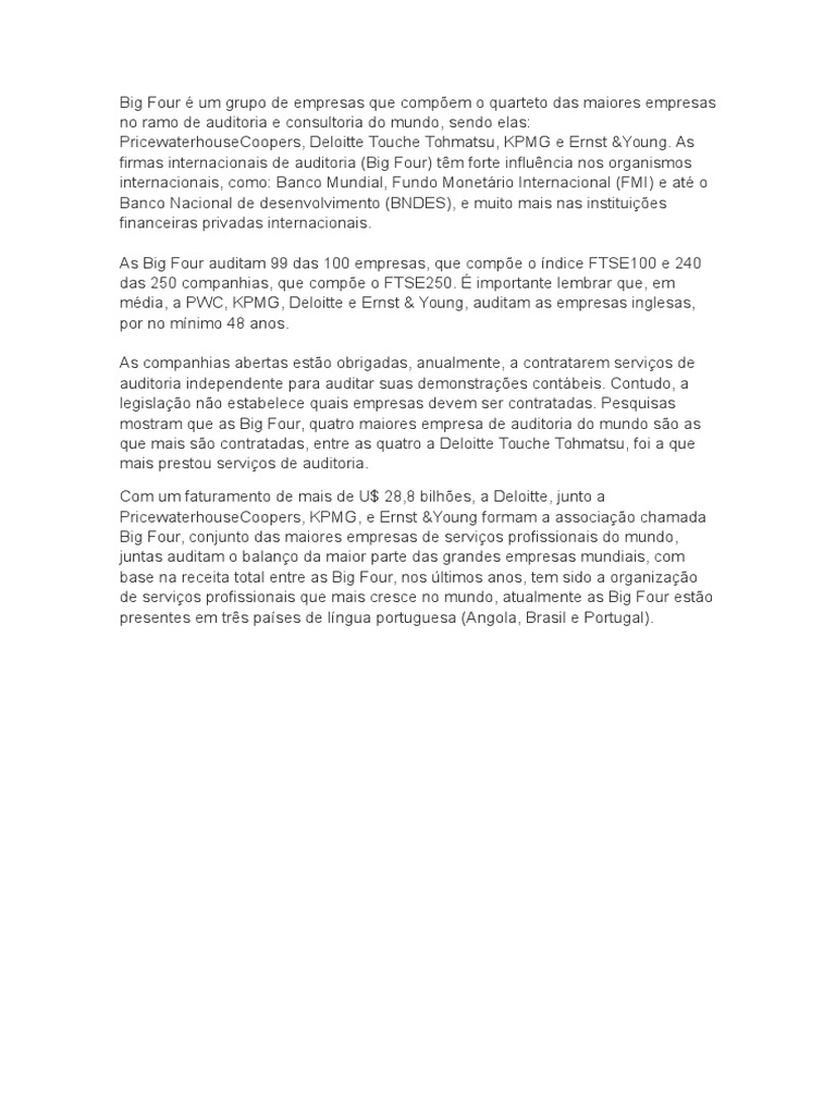 Big Four É Um Grupo de Empresas Que Compõem o Quarteto Das Maiores Empresas No Ramo de Auditoria