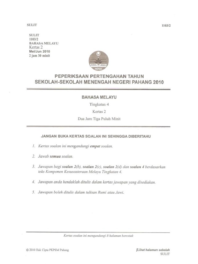 Ujian Pertengahan Tahun Bahasa Melayu Kertas 2 Tingkatan 4