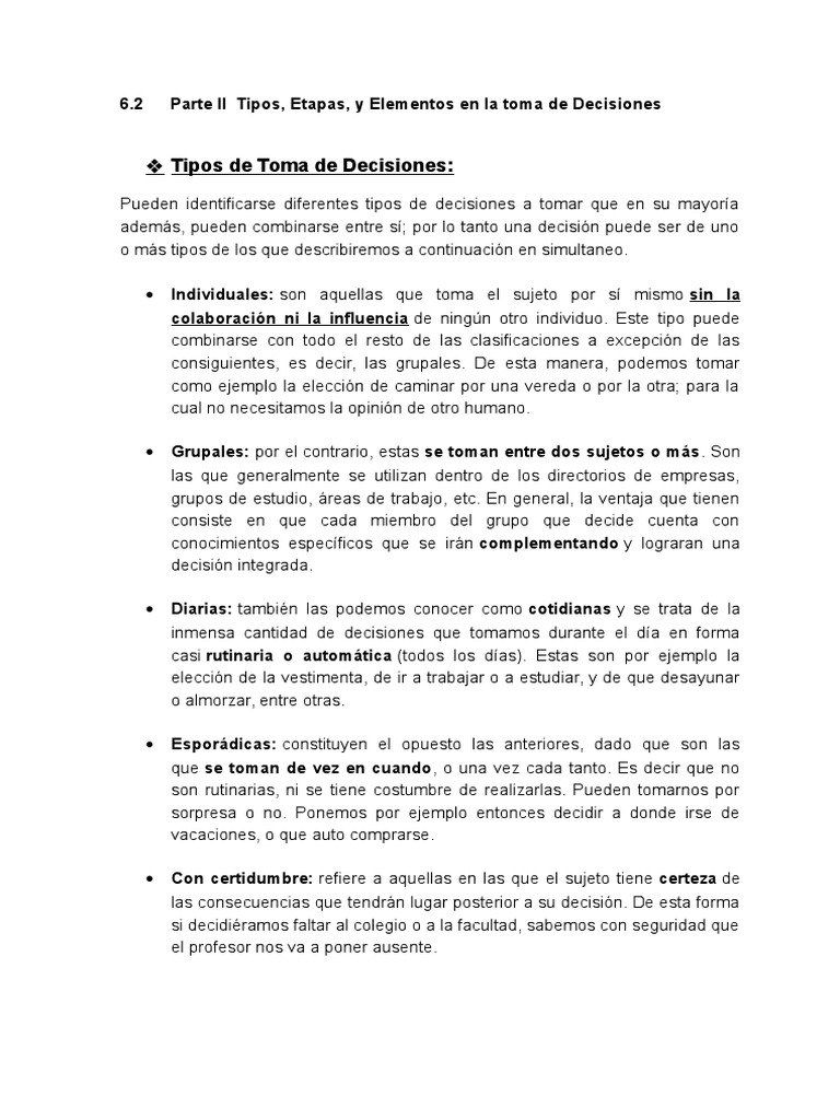 Tipos, Etapas, y Elementos en La Toma de Decisiones | PDF | Toma de ...