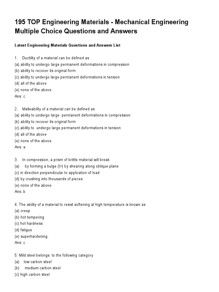 195 TOP Engineering Materials Mechanical Engineering Multiple Choice