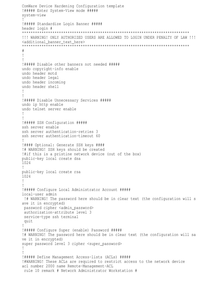 Comware Device Hardening Template Secure Shell Areas Of