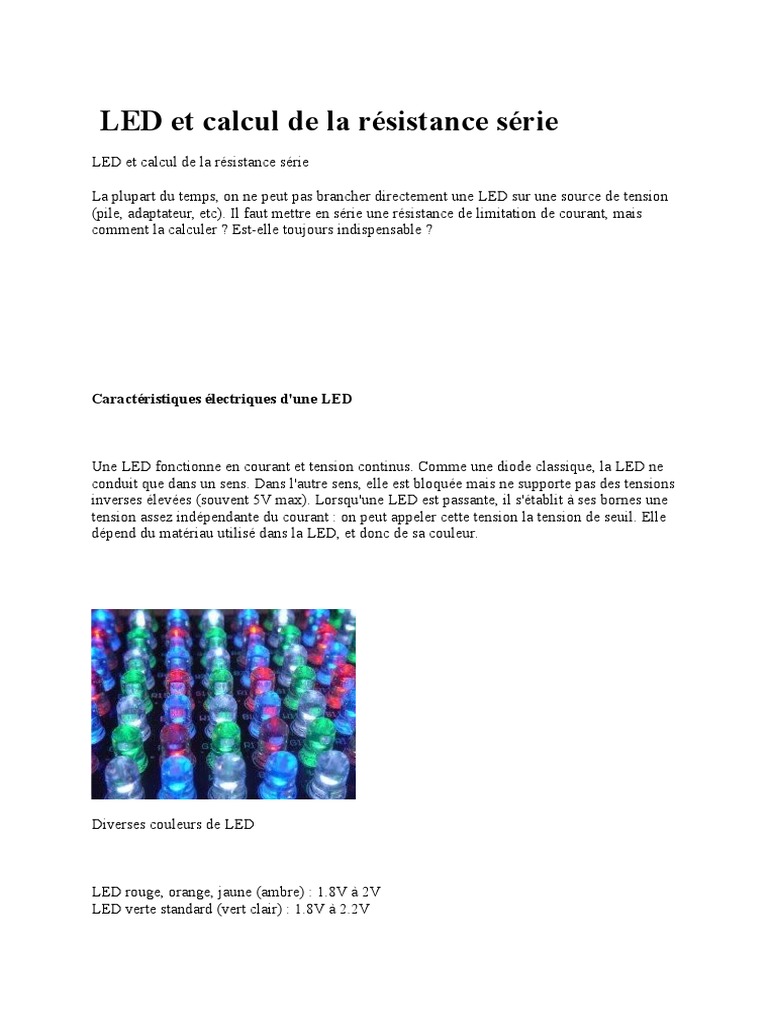 Calcul de résistance pour LED en série PDF Diode — free download