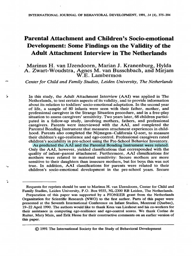 Parental Attachment and Children's SocioEmotional Development Some