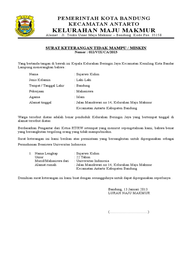 Contoh Surat Keterangan Tidak Mampu Untuk Beasiswa Pdf