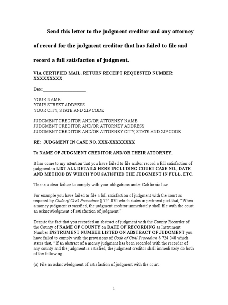 Sample Demand for Full Satisfaction of Judgment in California Law Of
