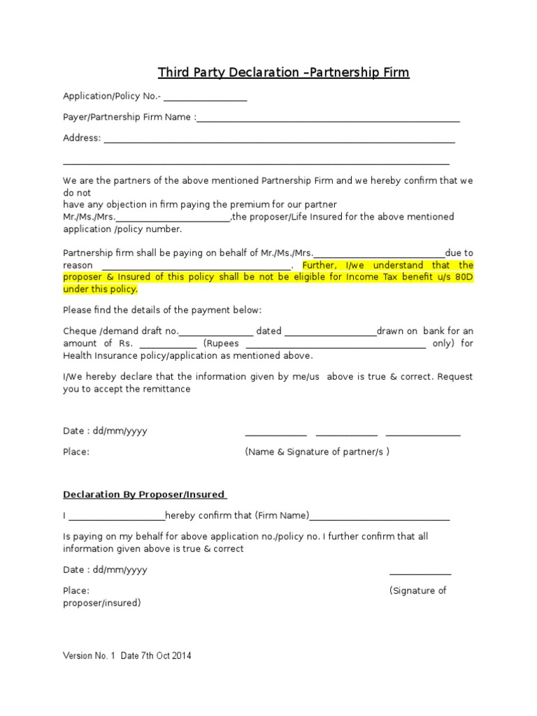 Third Party Declaration –Partnership Firm: Declaration By Proposer/Insured
