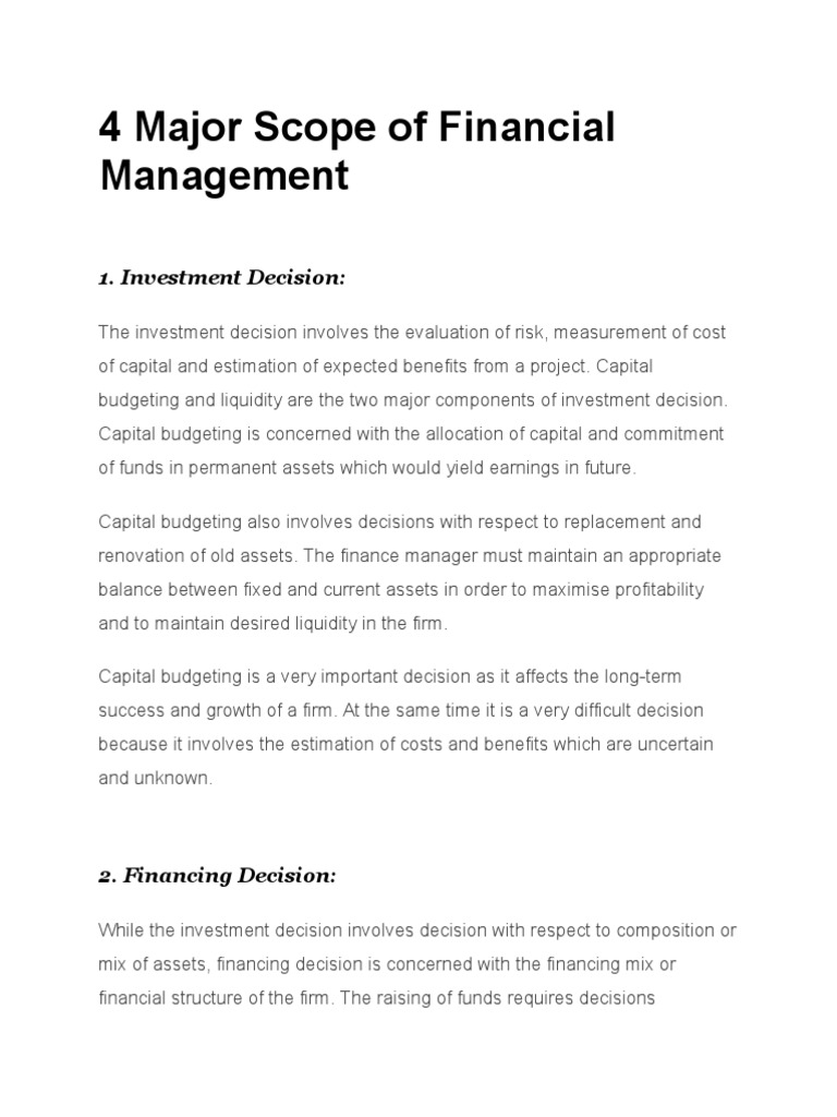 Major Scopes of Financial Management | PDF | Financial Capital | Dividend