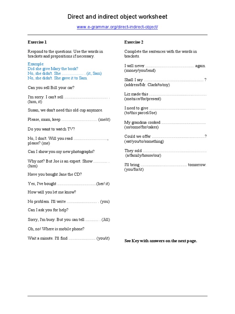 Direct Indirect Object Worksheet | PDF