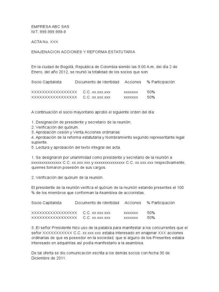 Acta Cesion de Acciones Sas Compartir (Finanzas) Política
