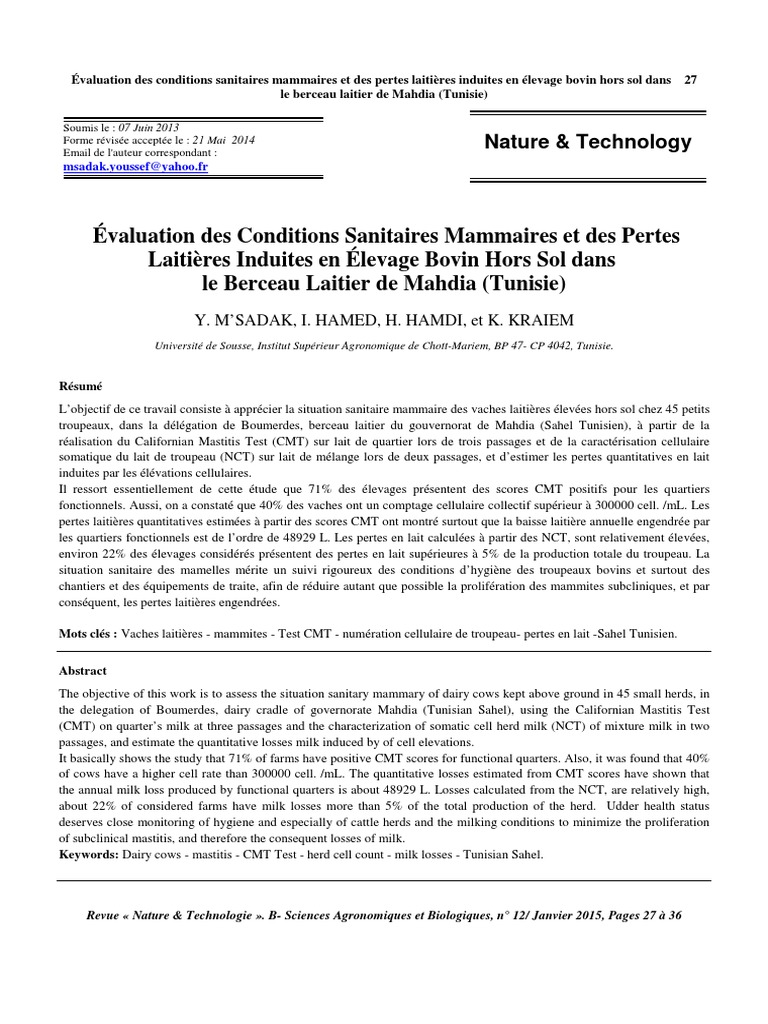Mammites En Tunisie Art 262 Pdf Lait Tunisie